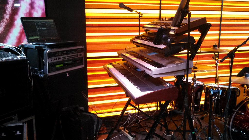 Andrew Colyer's keyboard rig with the Prog Rock Orchestra on the 2014 YES Cruise to the Edge - Day Three